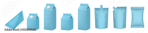 Set of light blue milk cardboard package. Vector mockup set. Realistic carton package with cap. Boxes for dairy products. Realistic doy pack mockups. Blue flow pack, sachet. Tetrahedral packaging.