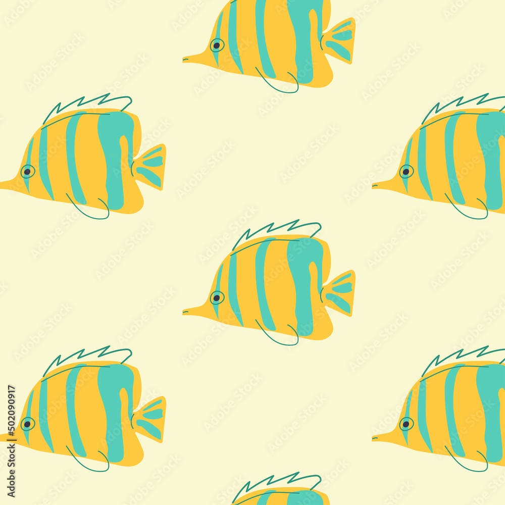 Modern seamless pattern with yellow fish on a yellow background. Vector drawing. Cute colorful background. Modern seamless pattern with yellow fish on a yellow background. Vector drawing. Cute colorful background.