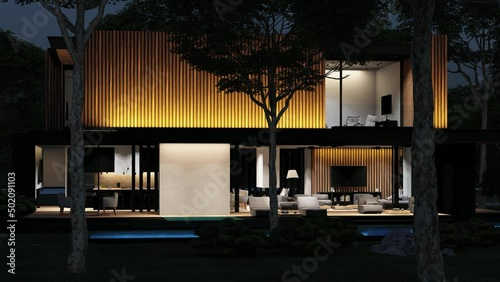 4K video rendering of modern cozy house with parking and pool for sale or rent with wood plank facade and beautiful interior of livingroom. Fly-walk