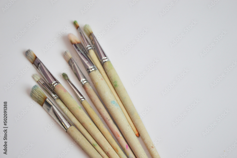 Brushes of different sizes with wooden handles and natural bristles on a white background. Free space for text. Brushes of different sizes with wooden handles and natural bristles on a white background. Free space for text.