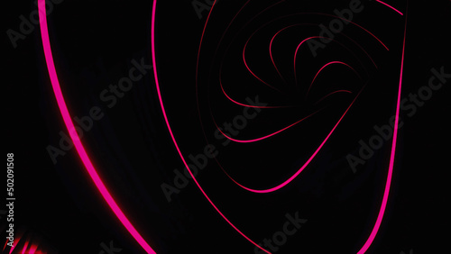 Abstract animation with a tunnel, fluorescent ultraviolet light, glowing neon lines, moving on black background. Animation. Colorful red glowing lines forming rotating tunnel.