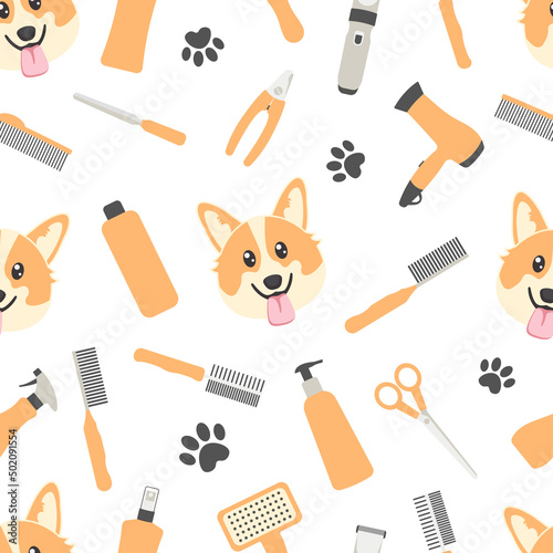Grooming tools and corgi head seamless pattern on white background