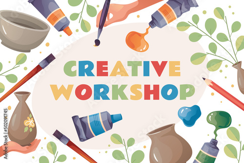 Hobby craft painting pottery banner poster template concept. Vector flat graphic design element