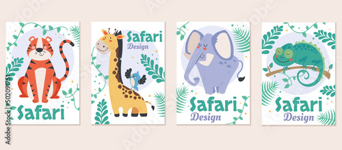 Safari animal jungle greeting cards template print concept. Vector flat graphic design element
