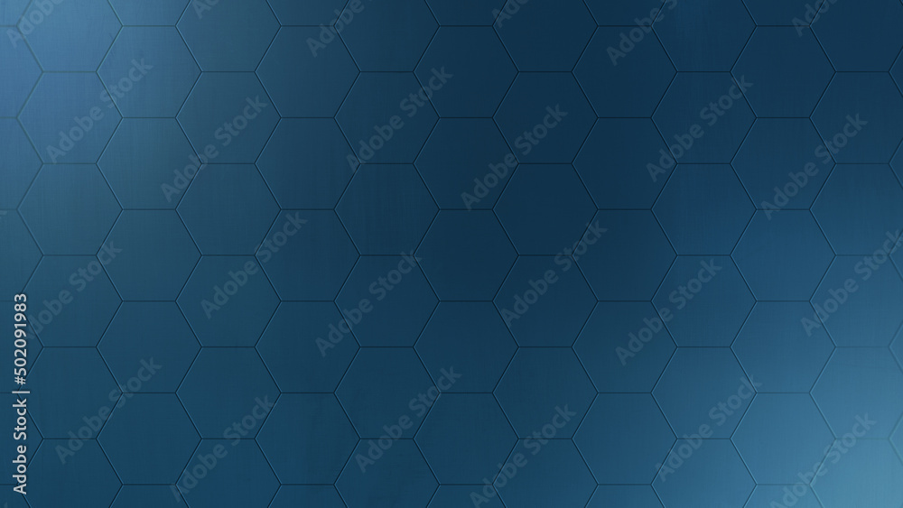 Dark blue hexagon or honeycomb pattern with light effect and metallic texture. Abstract and modern background in 4k resolution. Copy space.