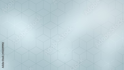 Sandblasted or frosted light gray or blue glass with backlit 3d cubes pattern. Abstract geometric background in 4k resolution. Copy space.