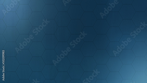 Dark blue hexagon or honeycomb pattern with light effect and metallic texture. Abstract and modern background in 4k resolution. Copy space.