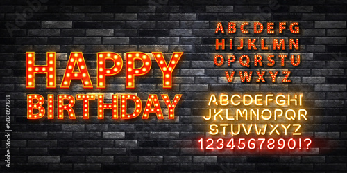 Vector realistic isolated marquee neon sign of Happy Birthday with easy to change color alphabet font on the wall background.