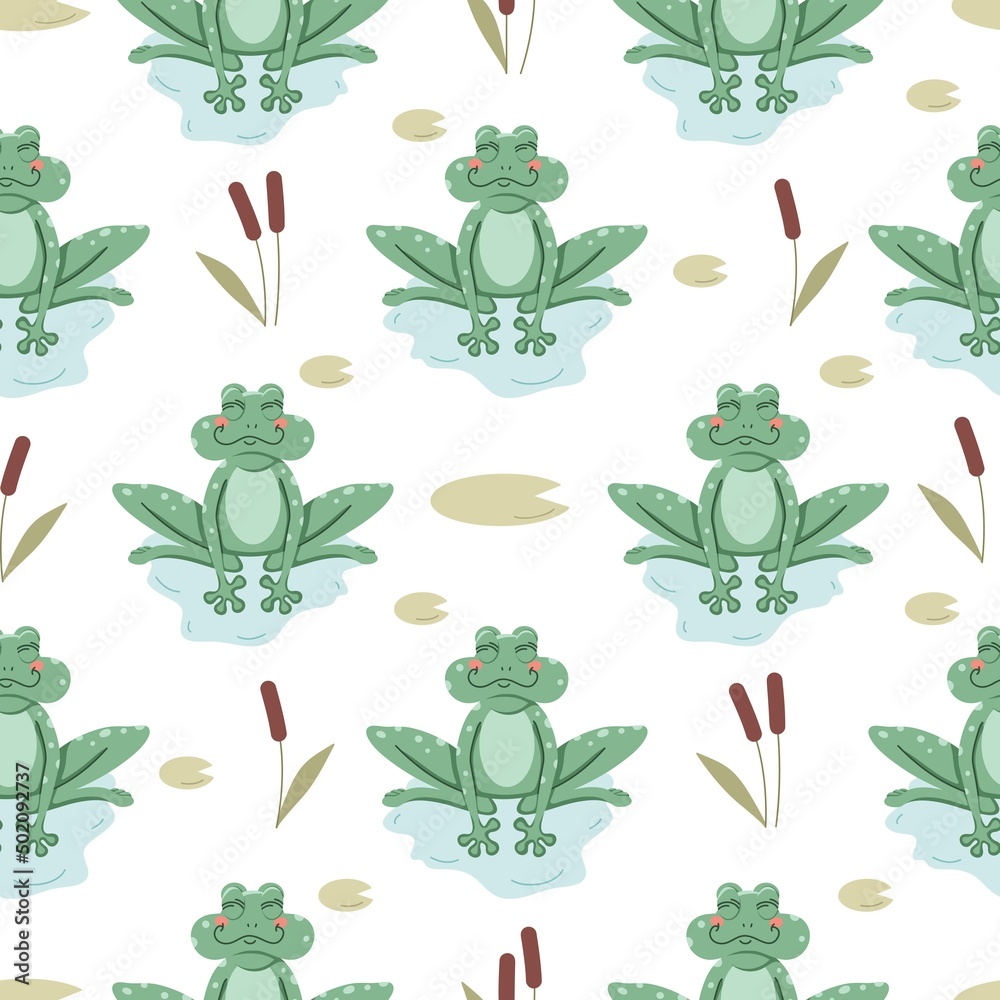 Fototapeta premium Seamless vector pattern with cute hand drawn frog in the pond. Kawaii animal illustration. Fun summer background for kids room decor, nursery art, wrapping paper, fabric, gift, textile, wallpaper.