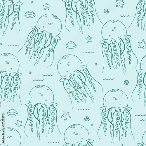 Ocean seamless vector pattern with jellyfishes, stars, clams and sea shells. Line objects. Cute hand drawn doodle background for wrapping paper, textile, print, fabric, wallpaper, gift, packaging.