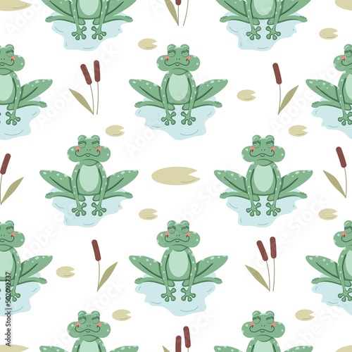 Seamless vector pattern with cute hand drawn frog in the pond. Kawaii animal illustration. Fun summer background for kids room decor, nursery art, wrapping paper, fabric, gift, textile, wallpaper.