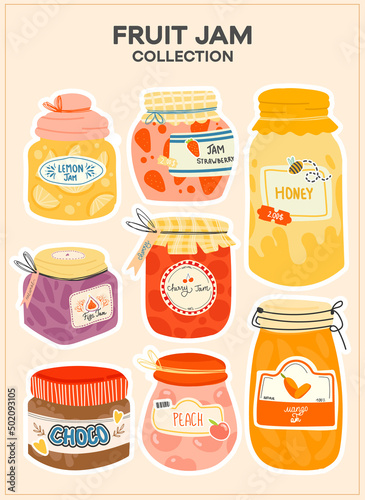 Collection of stickers of jars with jam and jam. Grandma's jam. Glass jars with labels for fruit jam. mango, peach, strawberry, lemon, fig, cherry, honey. Bright printable set