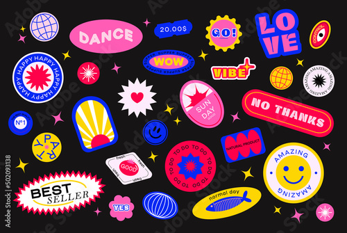 Collection of various patches, labels, tags, stickers, stamps for shopping. Black Friday, discounts, new collection. Vector set, trendy promo labels