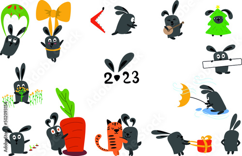 Vector Bunny 2023 with parachute, bow, running away from fox, playing, picking flowers, planting carrot, hugging tiger, present, looking ahead, holding announcement, resisting wind, displeased in suit