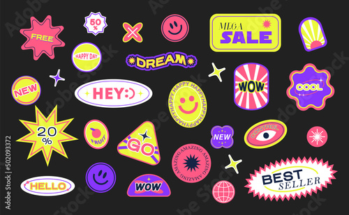 Collection of various patches, labels, tags, stickers, stamps for shopping. Black Friday, discounts, new collection. Vector set, trendy promo labels