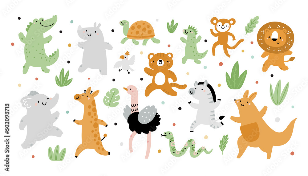 Baby exotic animal collection. Giraffe, zebra, monkey, kangaroo, tiger, lion, lizard, parrot, turtle, elephant vector cartoon illustration. Childish animals characters set isolated on white background Baby exotic animal collection. Giraffe, zebra, monkey, kangaroo, tiger, lion, lizard, parrot, turtle, elephant vector cartoon illustration. Childish animals characters set isolated on white background