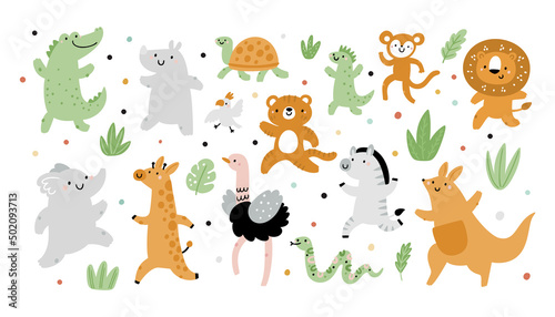 Baby exotic animal collection. Giraffe, zebra, monkey, kangaroo, tiger, lion, lizard, parrot, turtle, elephant vector cartoon illustration. Childish animals characters set isolated on white background