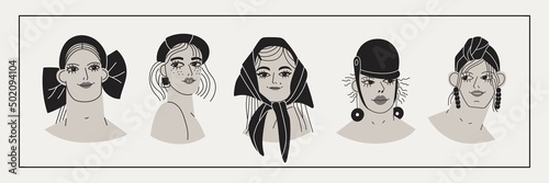 Set of portraits of women with different fashionable hats and hairstyles. Variety of species. Avatar for social network. Isolated lady characters on white background. Vector illustration