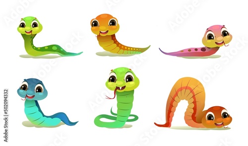 Set of cheerful baby snake. Cartoon style illustration. Cute childish character. Isolated on white background. Vector