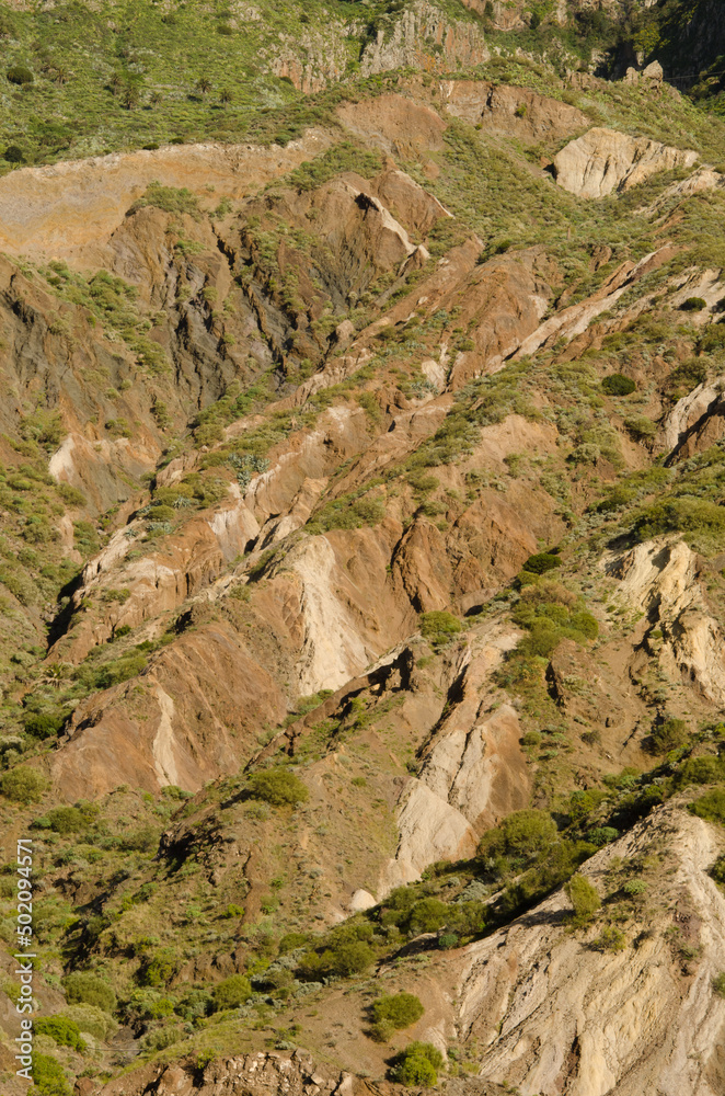 Hillside showing its different strata. Vallehermoso. La Gomera. Canary Islands. Spain.