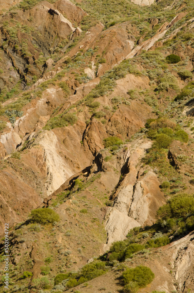 Hillside showing its different strata. Vallehermoso. La Gomera. Canary Islands. Spain.