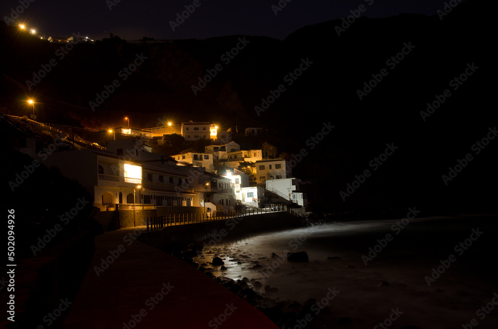 Village of Alojera Beach at night. Vallehermoso. La Gomera. Canary Islands. Spain.