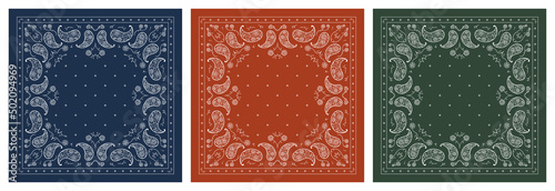 Set of Paisley Bandana Prints. Vector White Floral Ornament Pattern on Square Dark Green, Navy Blue and Brick Red Colors with Peony Flowers and Small Bluebells. Silk Neck Scarf, Headscarf, Kerchief