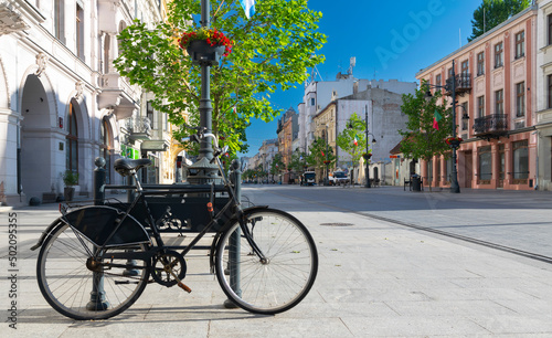 View of main street of Lodz. Central street of Lodz Piotrkowska on a sunny morning.