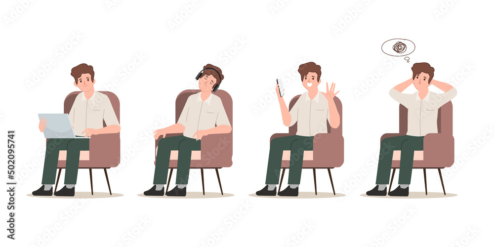 Businessman in office worker and sitting character pose set. Flat cartoon people design.