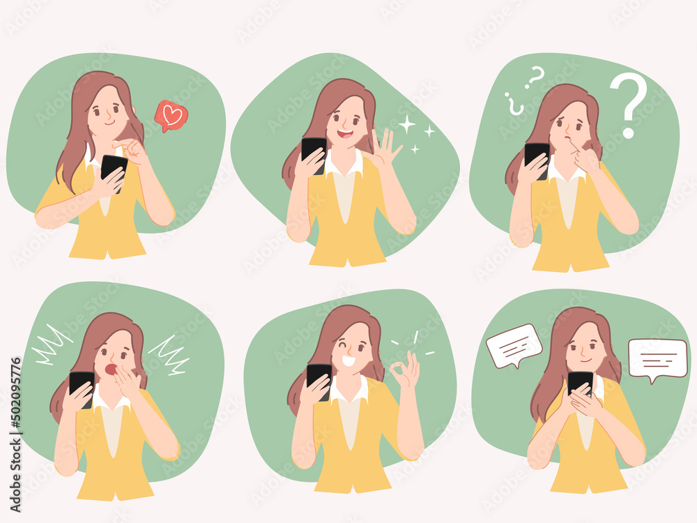 Set of business woman using smartphone difference pose. Flat vector people gesture pose. Set of business woman using smartphone difference pose. Flat vector people gesture pose.