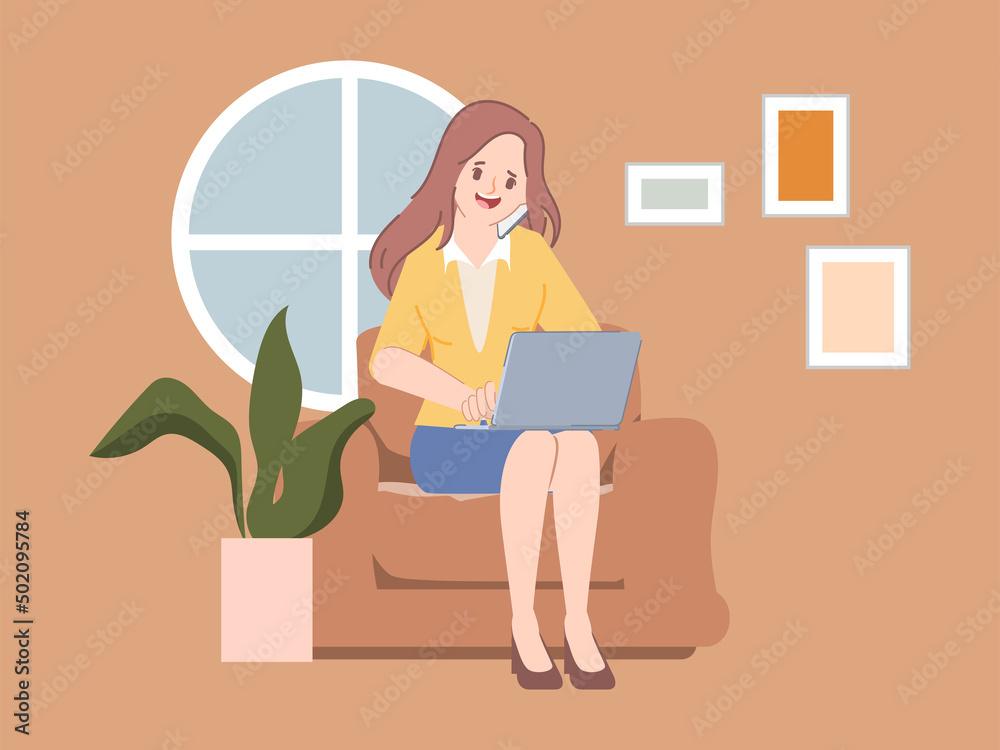 Businesswoman working with laptop and talking phone together. Flat vector people design. Businesswoman working with laptop and talking phone together. Flat vector people design.