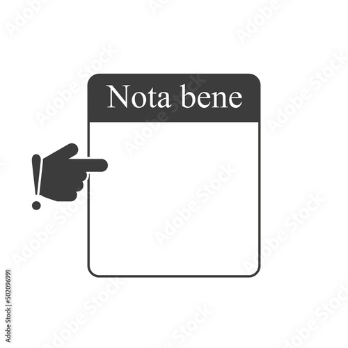 Note, quote, footnote textbox. Nota bene latin phrase. Forefinger and empty text box. Hand cursor. Isolated vector illustration.