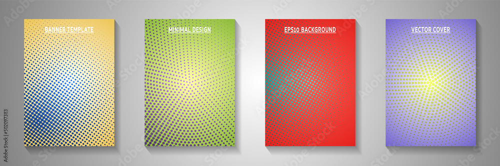 Dynamic dot perforated halftone title page templates vector set. Geometric flyer faded halftone Dynamic dot perforated halftone title page templates vector set. Geometric flyer faded halftone