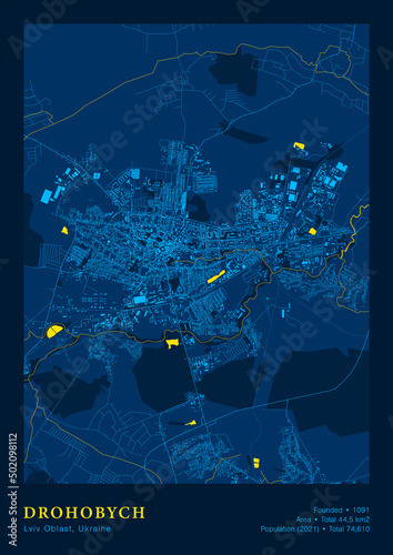 Town Drohobych Lviv Oblast Ukraine Vector Poster Highly Detailed Map In Patriotic National Yellow Blue Flag Colors. City Transport System Includes Map Features Buildings Roads And Water Objects
