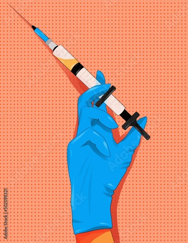 Illustration medicine cosmetology hand brush in medical gloves holds a syringe with an injection for an injection of botox vitamins from wrinkles or an antibiotic