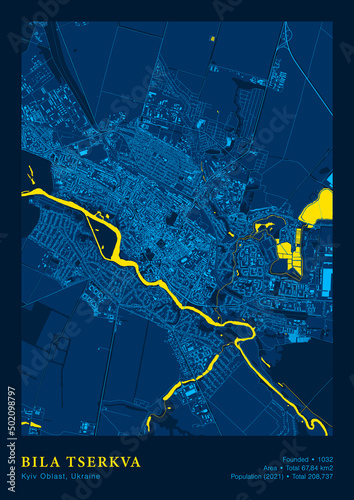 Town Bila Tserkva Kyiv Oblast Ukraine Vector Poster Highly Detailed Map In Patriotic National Yellow Blue Flag Colors. City Transport System Includes Map Features Buildings Roads And Water Objects photo