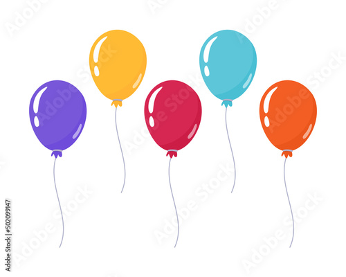 Colorful Balloons. Flying balloon with rope in cartoon style. Birthday Party Helium Balloons