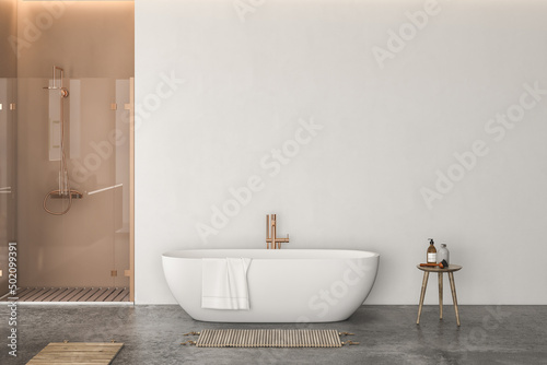 Modern minimalist beige bathroom interior  modern bathroom cabinet with interior plants  bathroom accessories . 3d rendering 