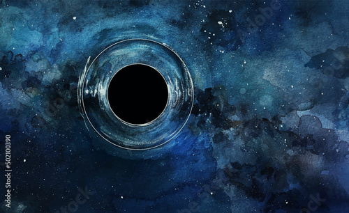 Black hole watercolor illustration. Space galaxy background