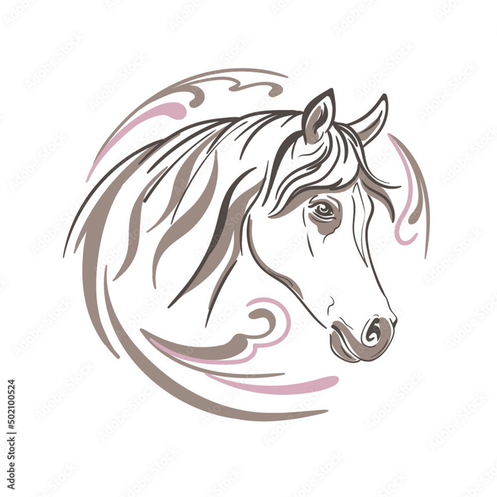 Portrait of a horse head with abstraction. Face. Emblem, logo. Line art