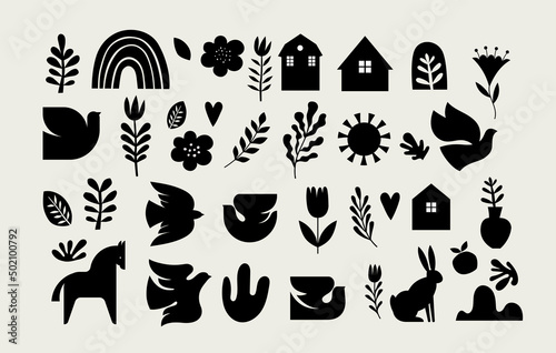 Nordic folk black graphic elements and icons collection