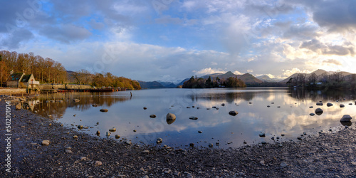Spring sunset over Derwent Water from Keswick Harbour, Lake District National Park