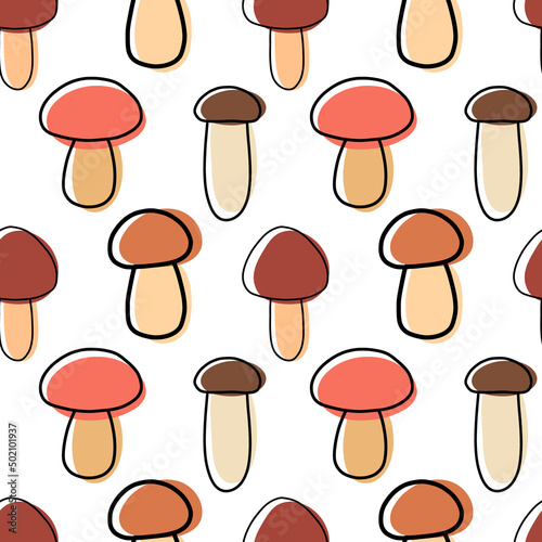 Seamless pattern with forest mushrooms on a white background. Vector illustration in modern linear style