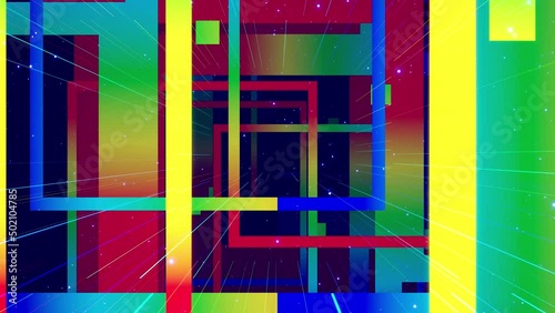 Motion graphic, camera fly throungh abstract art space, multilayer structure with pattern and particles. Glow rectangles, streaks and lines. Rainbow gradient color. Motion design vj loop. 3d structure photo