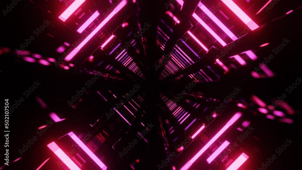 Fly through mirror designs form tunnel technology cyberspace with neon glow. Sci-fi flight through design complexity. Neon light. 3d looped seamless 4k bright background.