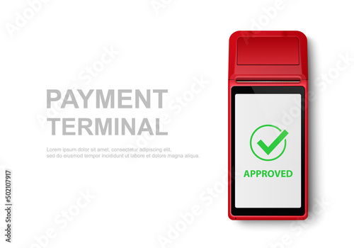 Vector Realistic 3d Red Touch Mobile Payment Machine. POS Terminal Closeup Isolated on White. Design Template of Bank Payment Wireless Contactless Terminal, Mockup. Payments device. Top View photo