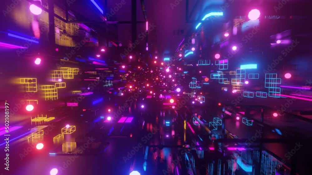 Data flow. Big data or blockchain digital space. Fly through hi-tech futuristic environment or neon tunnel, complex sci-fi structure. 3d seamless background in 4k. Information stream concept.