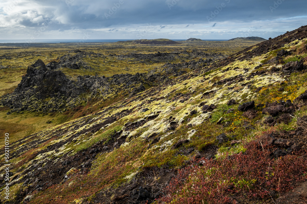 Spectacular volcanic view from Saxholl volcano Crater, Snaefellsnes peninsula, Snaefellsjokull National Park, West Iceland.