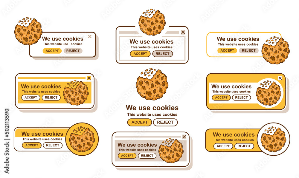 Web cookies tracking, use website browser data security policy icon set. Internet protection personal information. Search, accept safety info. Bite biscuit. Popup user interface landing page. Vector Web cookies tracking, use website browser data security policy icon set. Internet protection personal information. Search, accept safety info. Bite biscuit. Popup user interface landing page. Vector