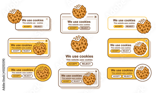 Web cookies tracking, use website browser data security policy icon set. Internet protection personal information. Search, accept safety info. Bite biscuit. Popup user interface landing page. Vector 